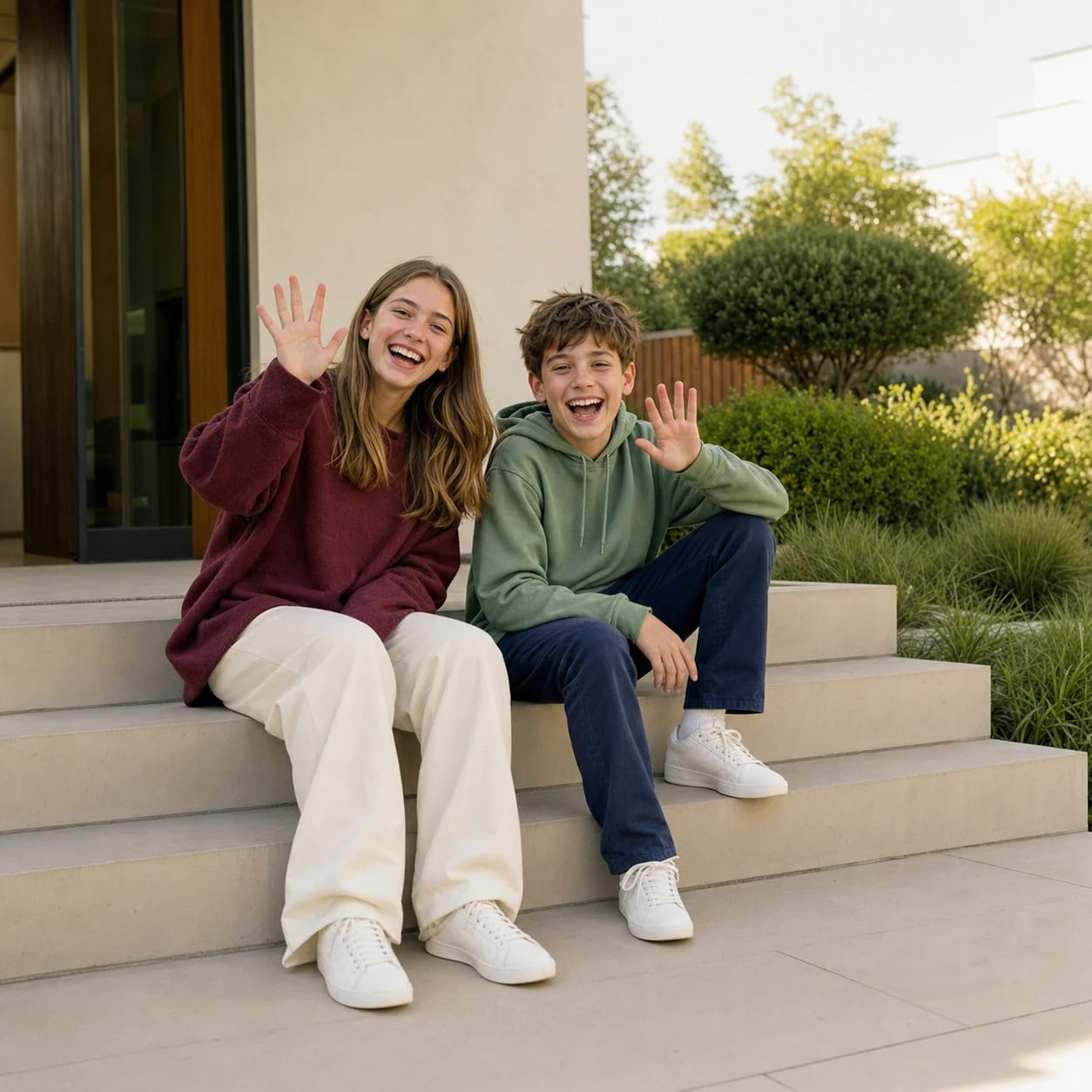 Two grandchildren waving from a porch step on a summer day