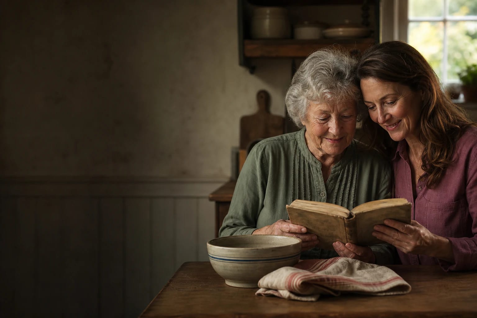 A mother and daughter reading a handwritten family recipe journal together