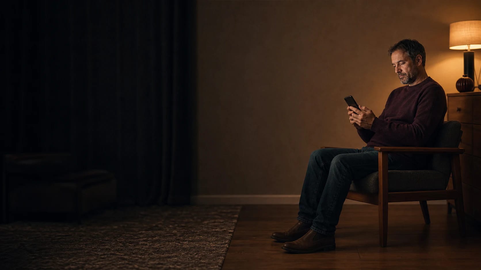 An adult son at home in the evening, reviewing Financial Care on his phone under a warm lamp