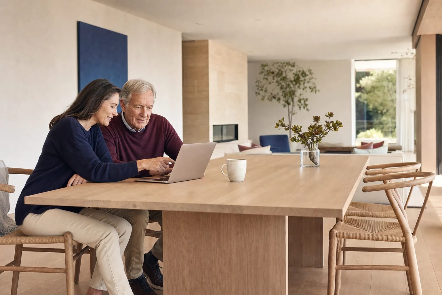 An adult daughter and her father looking together at the Silver Dollar app on a laptop at a sunlit kitchen table