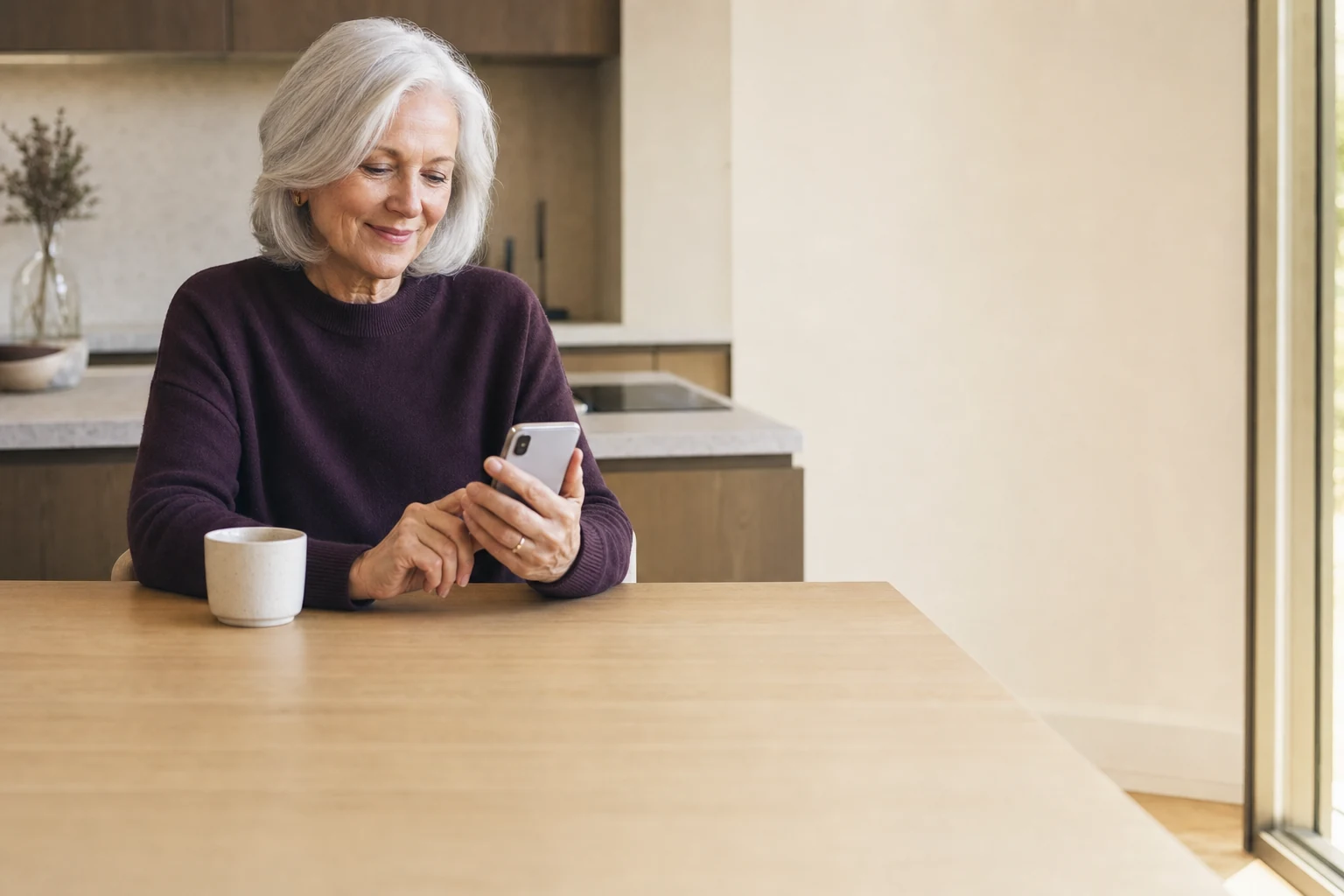 A mother in her seventies at her kitchen table with her phone in hand, photographing what matters