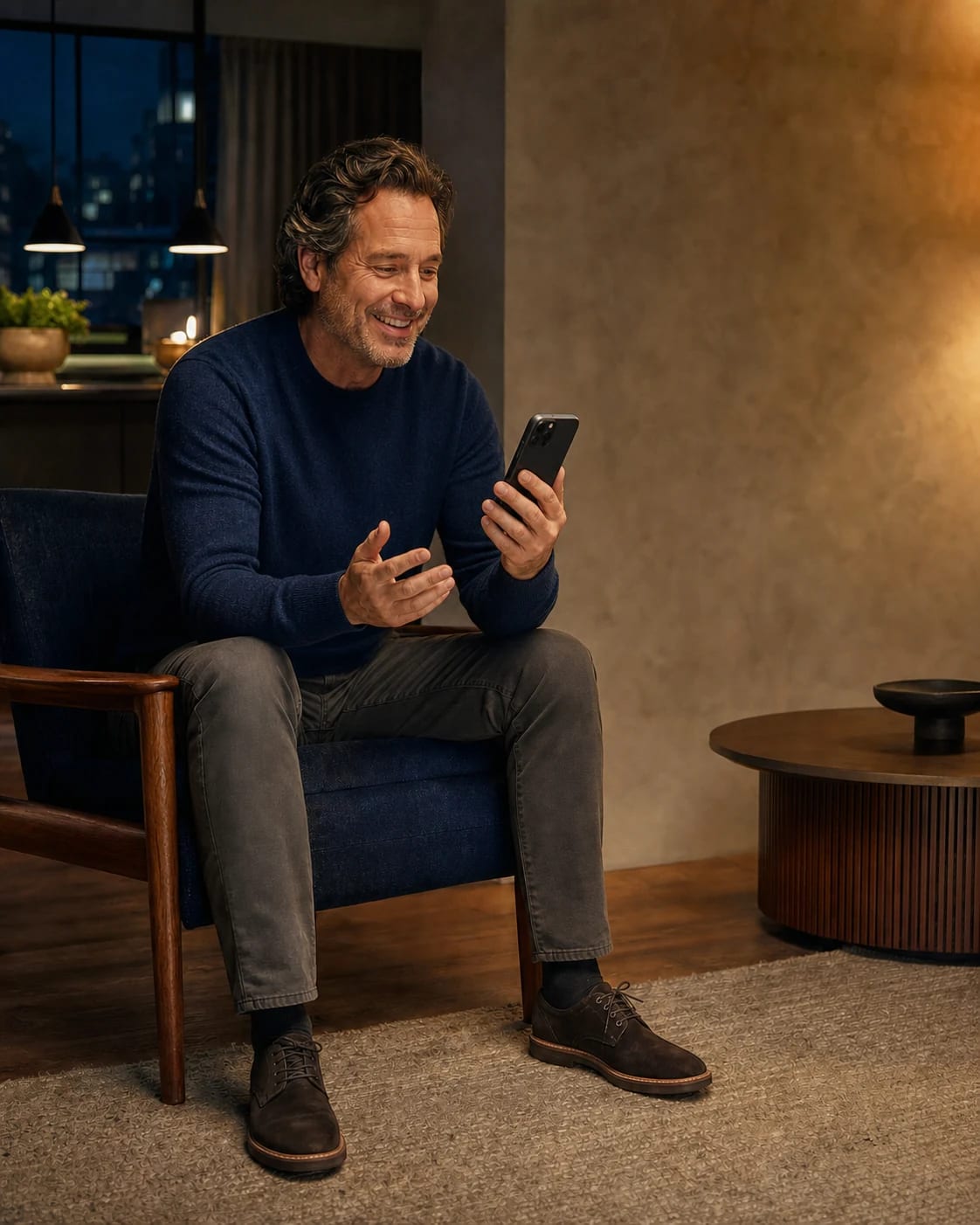 A son in his forties on his couch in the evening, recording a voice message for his mother's reminder